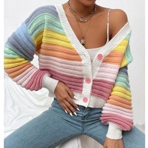 Rainbow Colors Fun Knit Cardigan Sweater Button Front V-Neck